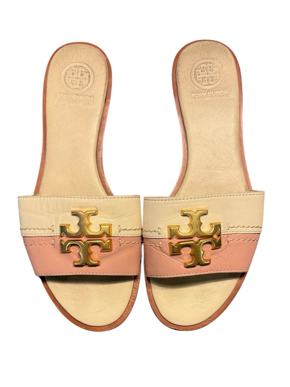 Tory Burch Everly Pink & Cream & Gold Leather Slide Sandals Size 6 $295